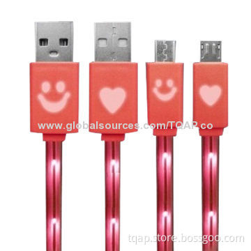 USB Cable with Heart or Smile Flash LED Light (Single Fiber Wire), 1.0m Length